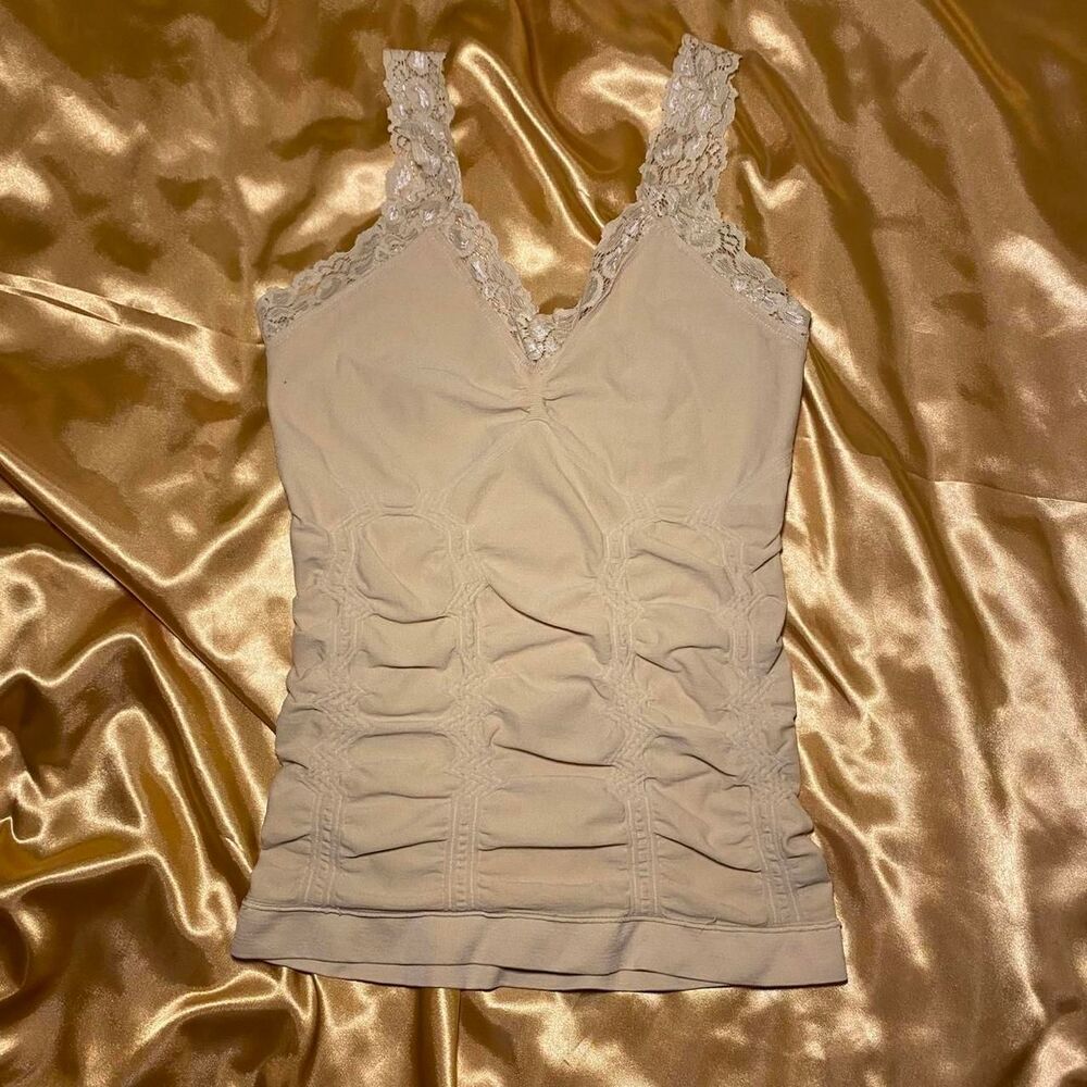 Y2K Cream Lace Trim Ruched Cami Top - Picture 2 of 4